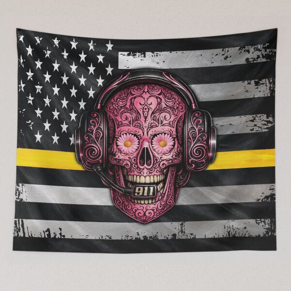 Item preview, 911 Dispatcher Sugar Skull – Thin Gold Line American Flag Design designed and sold by artistwill.