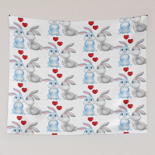 Aperçu de l'œuvre Adorable couple de lapins amoureux | Lapins romantiques avec des cœurs | Illustration kawaii pour la Saint-Valentin créée et vendue par PixelVibe Art.