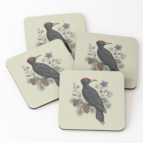 Item preview, Black Woodpecker on Pine Branch with Soft Blue and Cream Wildflowers designed and sold by BirdsnStuff.