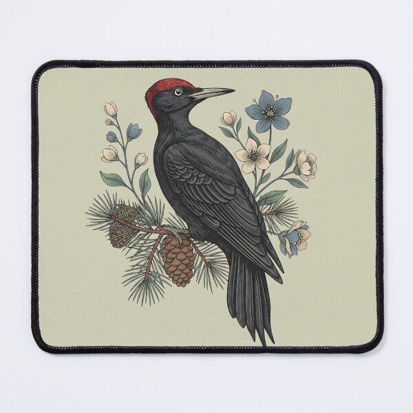 Item preview, Black Woodpecker on Pine Branch with Soft Blue and Cream Wildflowers designed and sold by BirdsnStuff.