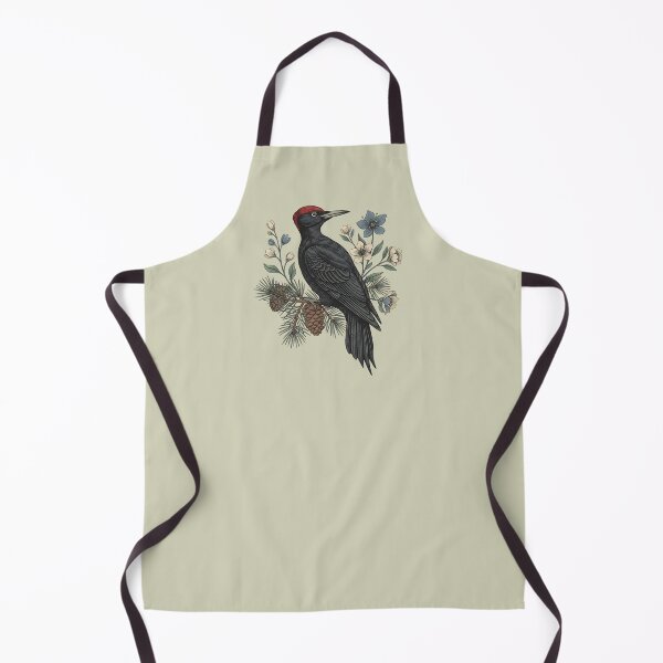 Item preview, Black Woodpecker on Pine Branch with Soft Blue and Cream Wildflowers designed and sold by BirdsnStuff.