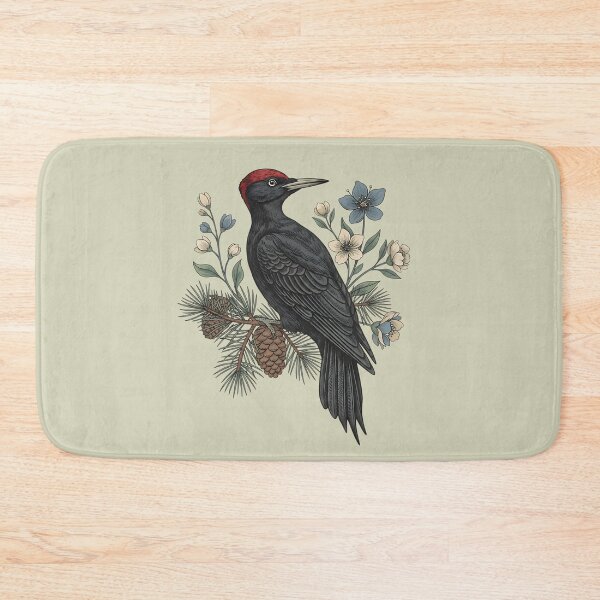 Item preview, Black Woodpecker on Pine Branch with Soft Blue and Cream Wildflowers designed and sold by BirdsnStuff.