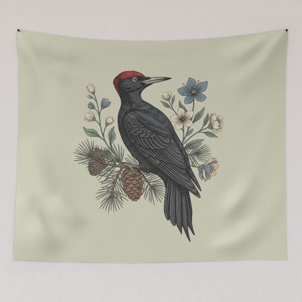 Item preview, Black Woodpecker on Pine Branch with Soft Blue and Cream Wildflowers designed and sold by BirdsnStuff.