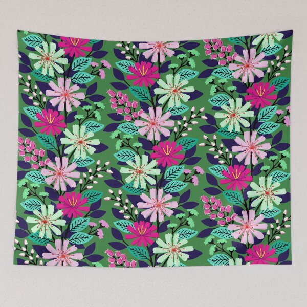 Item preview, Boho climbing flowers in pink and green designed and sold by Jennifer Ladd.