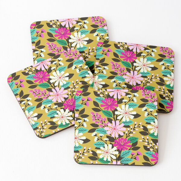 Item preview, Boho climbing flowers in pink and yellow designed and sold by Jennifer Ladd.