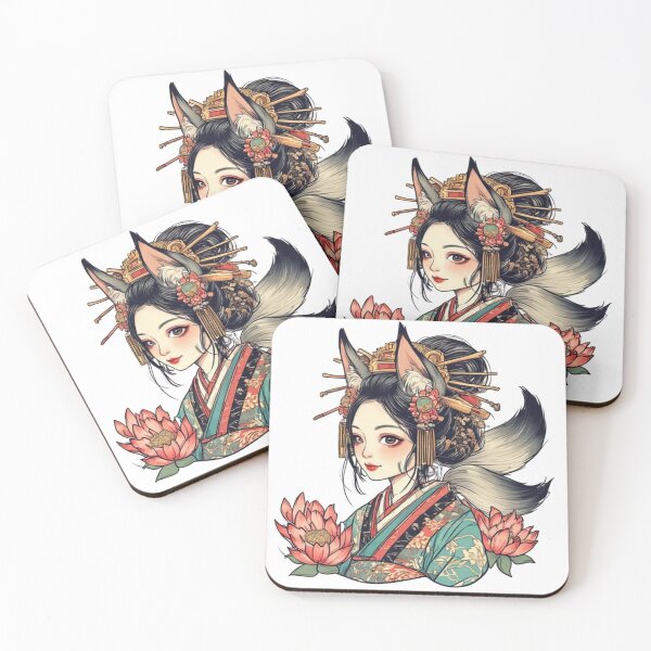 Item preview, Kitsune Geisha Fox Girl Anime Art Print – Fox Spirit with lotus flower, Japanese Mythology Wall Art designed and sold by ukiyo-beasts.
