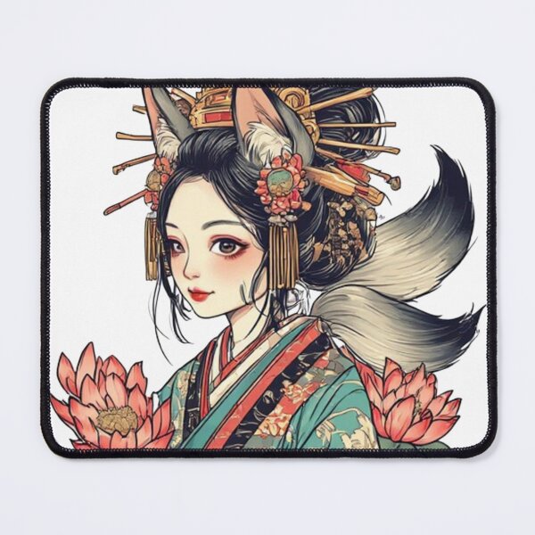 Item preview, Kitsune Geisha Fox Girl Anime Art Print – Fox Spirit with lotus flower, Japanese Mythology Wall Art designed and sold by ukiyo-beasts.