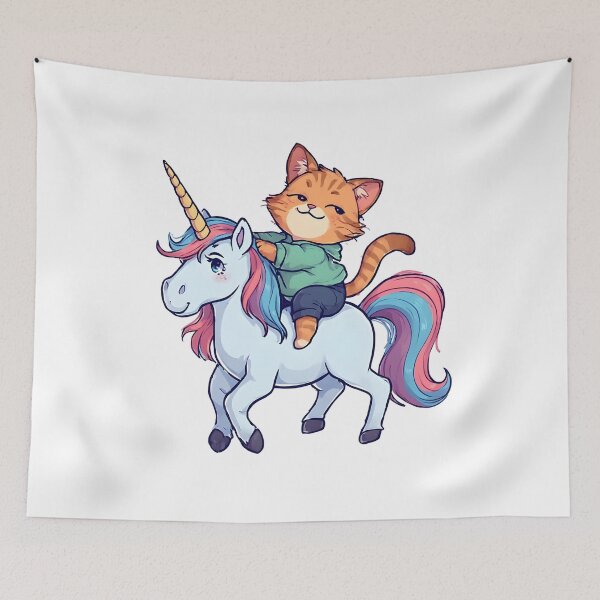 Item preview, Playful Kitten Riding a Rainbow Unicorn – Cute Fantasy Illustration designed and sold by Karolina’s Cozy Creations.