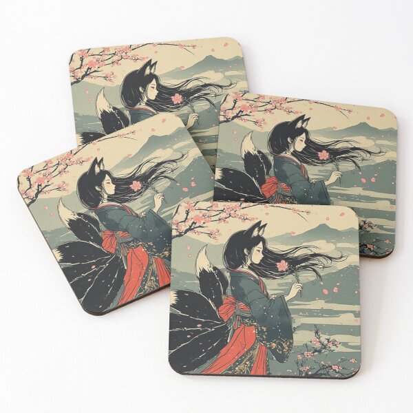 Item preview, Kitsune Fox Girl Anime Art Print – Fox Spirit with Sakura and Mountains, Japanese Mythology Wall Art designed and sold by ukiyo-beasts.