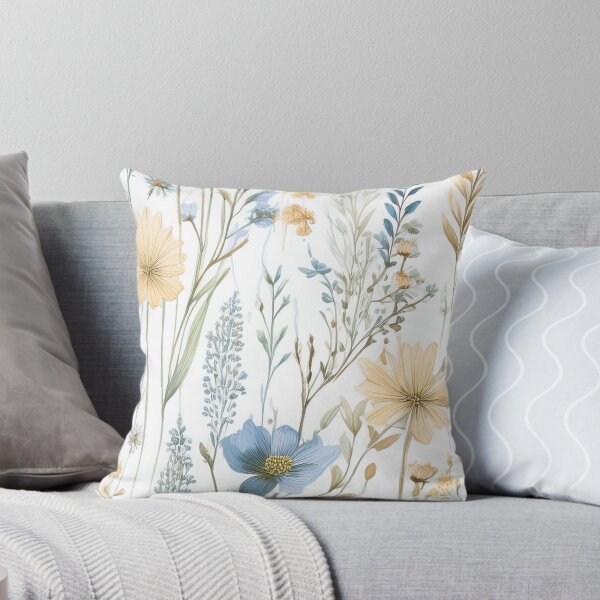 Item preview, Seamless WILDFLOWERS blue pastel and beige leafy botanicals watercolor leaves painting vintage spring theme on white background  designed and sold by navitalidesign.