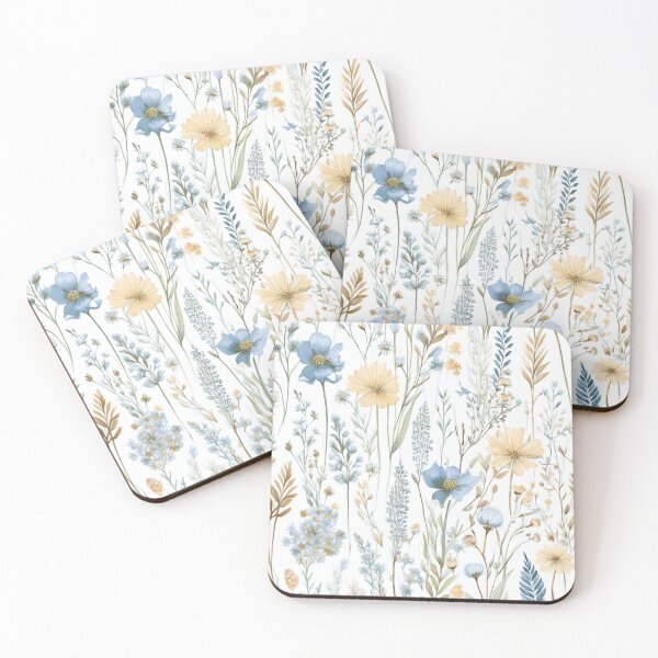Item preview, Seamless WILDFLOWERS blue pastel and beige leafy botanicals watercolor leaves painting vintage spring theme on white background  designed and sold by navitalidesign.