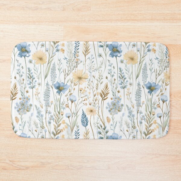 Item preview, Seamless WILDFLOWERS blue pastel and beige leafy botanicals watercolor leaves painting vintage spring theme on white background  designed and sold by navitalidesign.