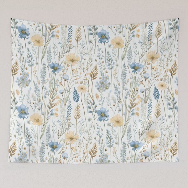 Item preview, Seamless WILDFLOWERS blue pastel and beige leafy botanicals watercolor leaves painting vintage spring theme on white background  designed and sold by navitalidesign.