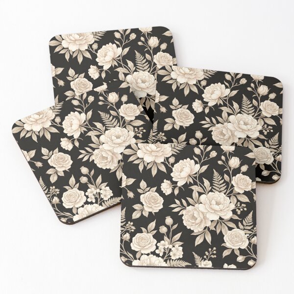 Item preview, Black Background Floral Pattern – Beige & Ivory Roses with Soft Taupe Botanicals | Elegant Vintage Aesthetic designed and sold by Soulprint Art.