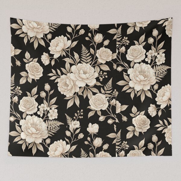 Item preview, Black Background Floral Pattern – Beige & Ivory Roses with Soft Taupe Botanicals | Elegant Vintage Aesthetic designed and sold by Soulprint Art.