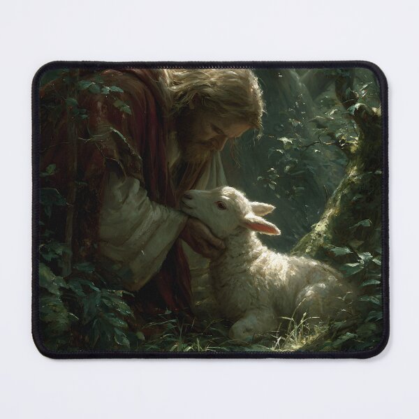 Item preview, Good Shepherd Jesus Holding Lamb Christian Forest Scene designed and sold by daila70.