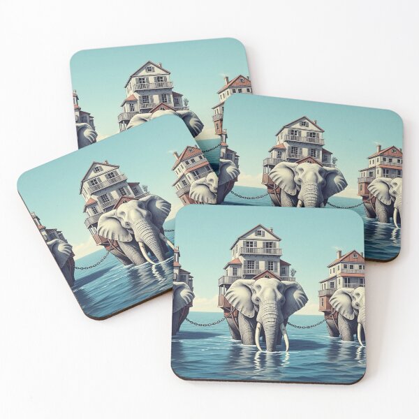 Item preview, Dreamlike Elephants With Houses Water Surrealism designed and sold by PixorStudio.