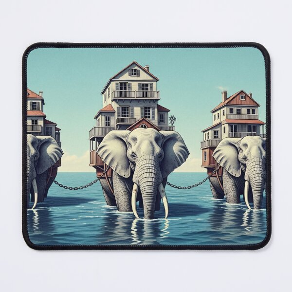 Item preview, Dreamlike Elephants With Houses Water Surrealism designed and sold by PixorStudio.