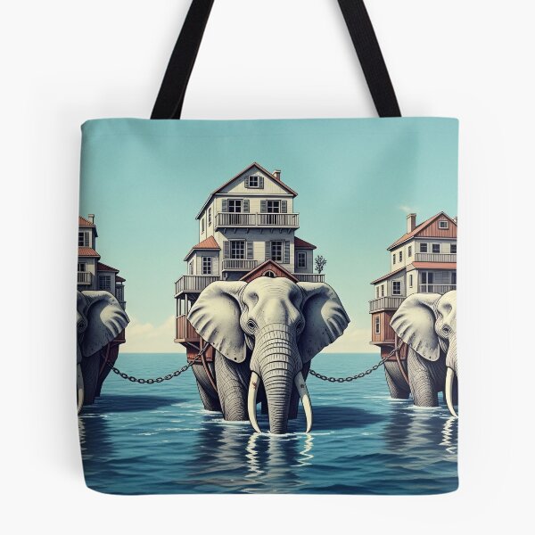 Item preview, Dreamlike Elephants With Houses Water Surrealism designed and sold by PixorStudio.