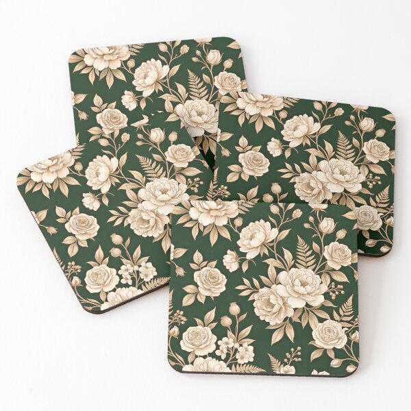 Item preview, Elegant Beige & Ivory Floral Pattern on Deep Emerald Green Background – Vintage Botanical Roses & Peonies Seamless Design designed and sold by Soulprint Art.