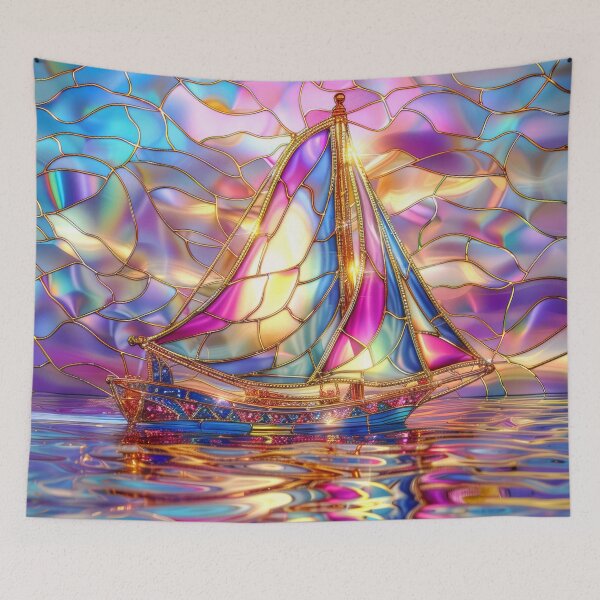 Item preview,  Sailboat at Sunset Art, Stained Glass Coastal Ocean Scene designed and sold by MargaretWiktor.