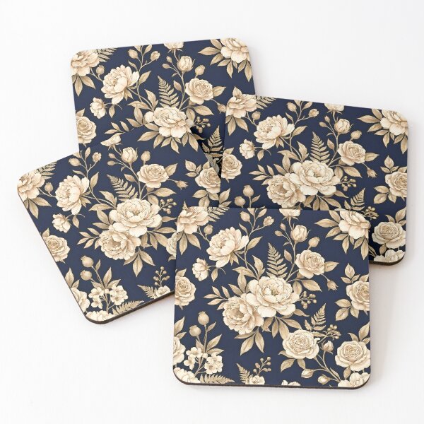 Item preview, Elegant Beige & Ivory Floral Pattern on Deep Navy Blue Background – Vintage Roses & Peonies Botanical Seamless Design designed and sold by Soulprint Art.