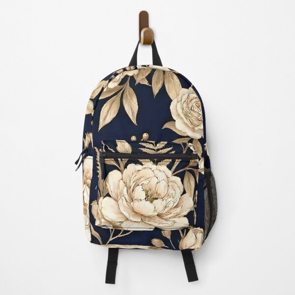 Item preview, Elegant Beige & Ivory Floral Pattern on Deep Navy Blue Background – Vintage Roses & Peonies Botanical Seamless Design designed and sold by Soulprint Art.