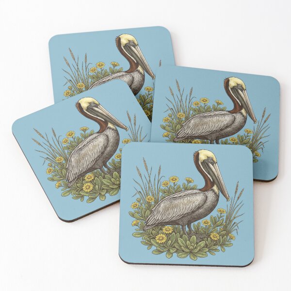 Item preview, Brown Pelican Bird with Yellow Coastal Wildflowers designed and sold by BirdsnStuff.
