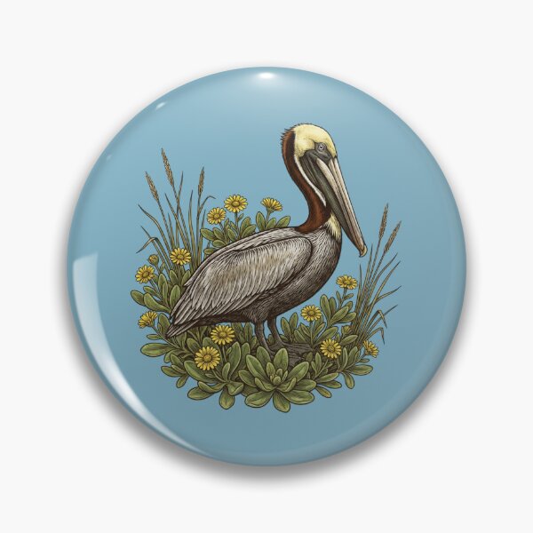 Item preview, Brown Pelican Bird with Yellow Coastal Wildflowers designed and sold by BirdsnStuff.