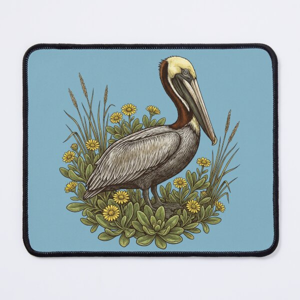 Item preview, Brown Pelican Bird with Yellow Coastal Wildflowers designed and sold by BirdsnStuff.