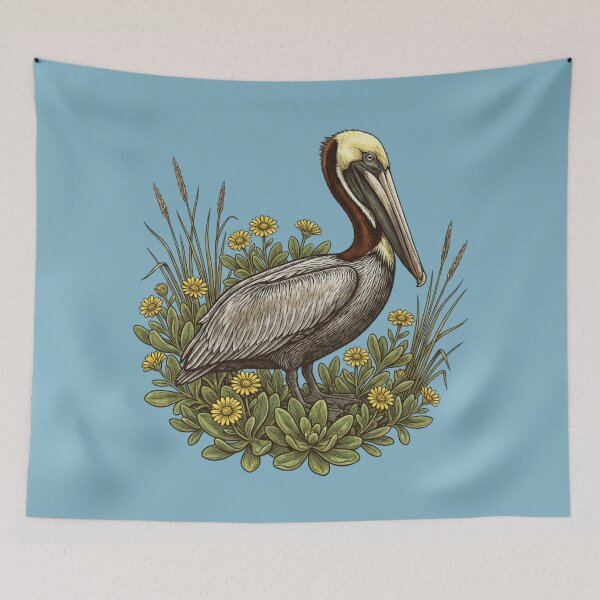 Item preview, Brown Pelican Bird with Yellow Coastal Wildflowers designed and sold by BirdsnStuff.