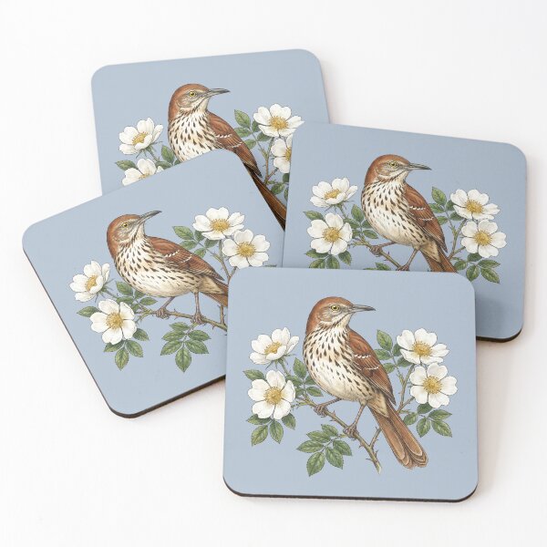Item preview, Brown Thrasher Bird with White Wild Roses designed and sold by BirdsnStuff.