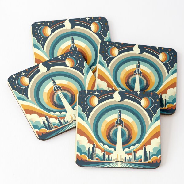 Item preview, Retro Rocket Launch Over Geometric City Skyline designed and sold by InkSmithery.