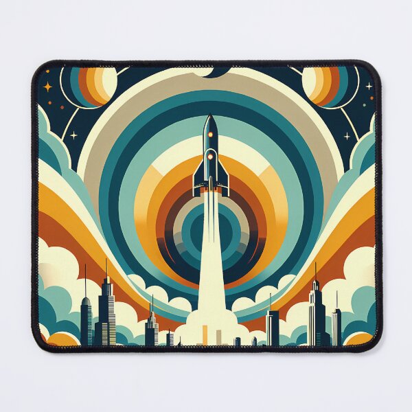 Item preview, Retro Rocket Launch Over Geometric City Skyline designed and sold by InkSmithery.