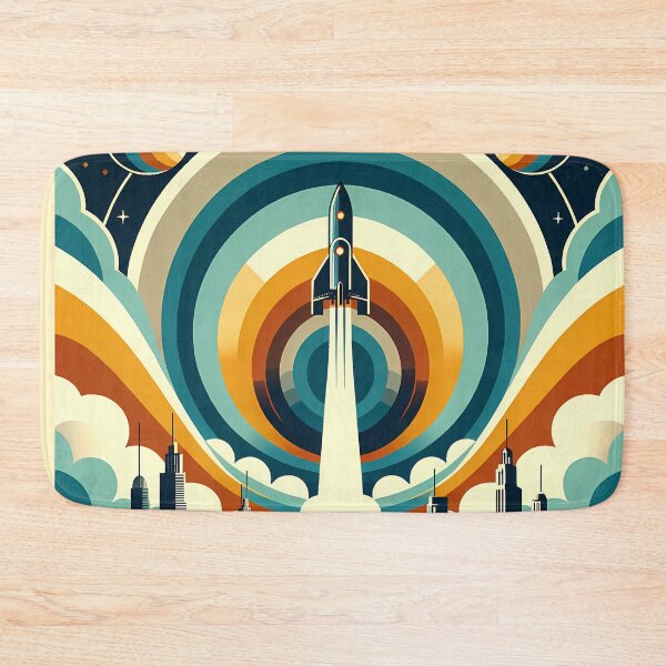 Item preview, Retro Rocket Launch Over Geometric City Skyline designed and sold by InkSmithery.