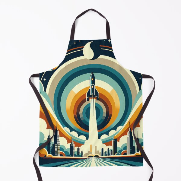 Item preview, Retro Rocket Launch Over Geometric City Skyline designed and sold by InkSmithery.