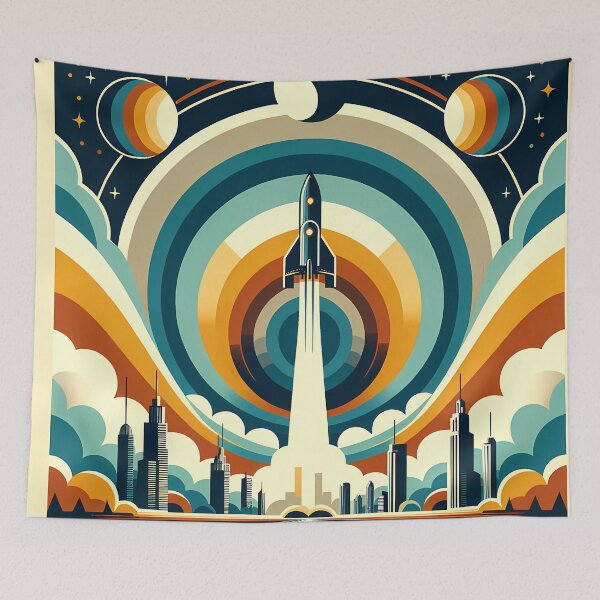 Item preview, Retro Rocket Launch Over Geometric City Skyline designed and sold by InkSmithery.