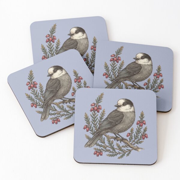 Item preview, Canada Jay Bird with Pink Heather Blossoms designed and sold by BirdsnStuff.