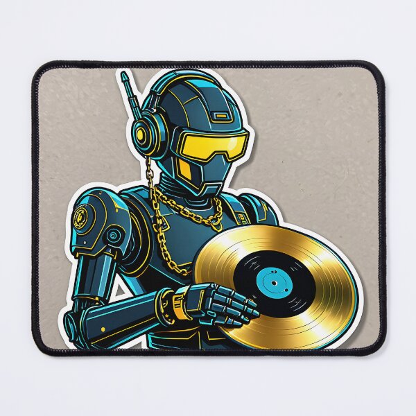 Item preview, Cyberpunk Robot DJ Mixing Gold Vinyl Record designed and sold by Prism Palette Studio.