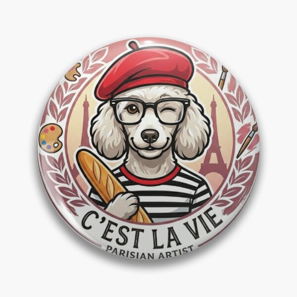 Aperçu de l'œuvre Caniche artiste parisien - Caniche français chic avec béret rouge et baguette créée et vendue par K-Vibe Design Studio.