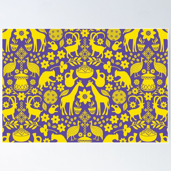 Item preview, Ethiopian designs repeating pattern in deep blue and yellow designed and sold by Jennifer Ladd.