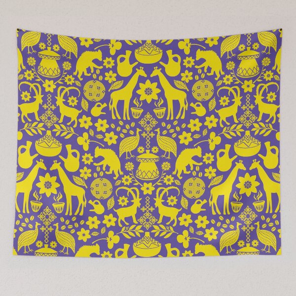 Item preview, Ethiopian designs repeating pattern in deep blue and yellow designed and sold by Jennifer Ladd.