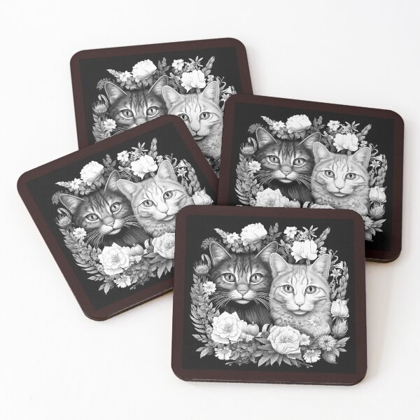 Item preview, Floral Cat Duo Black and White Botanical Portrait designed and sold by inkoutninja.