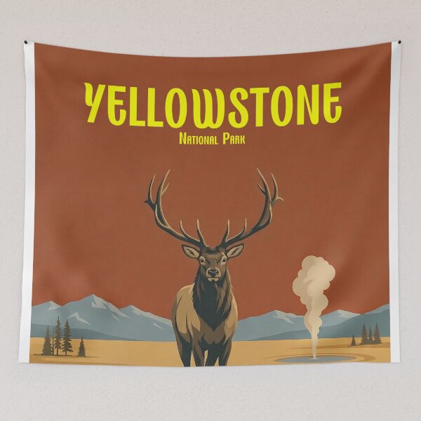 Item preview, Majestic Elk and Geyser Yellowstone National Park designed and sold by NeuralVibe.