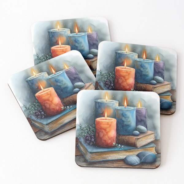 Item preview, Watercolor Zen Candles and Vintage Books – Cozy Dark Academia Art designed and sold by VineVibe16Studio.