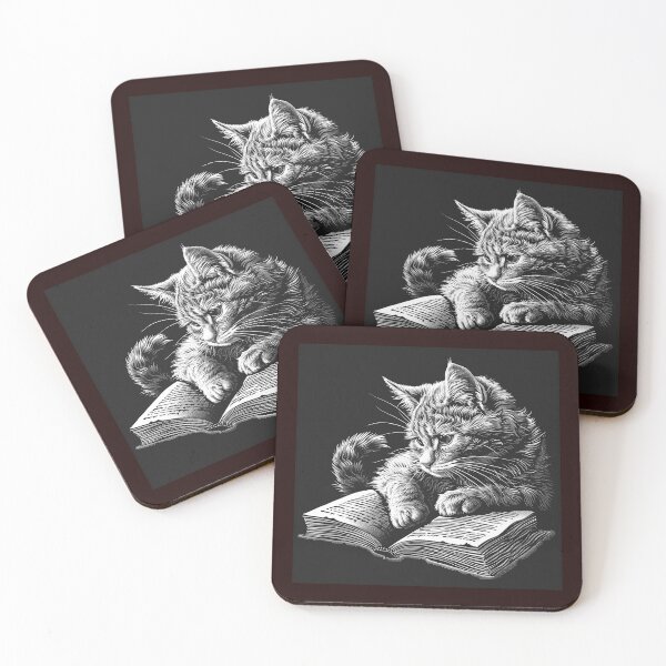 Item preview, Book Lover Cat Black and White Reading Illustration designed and sold by inkoutninja.