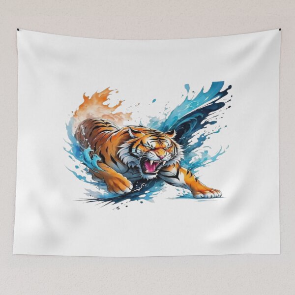 Item preview, Fierce Roaring Tiger Splash Art – Aggressive Wild Animal Illustration, Cool Tattoo Style Big Cat Design designed and sold by Kanvasly.