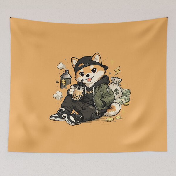 Item preview, cool shiba inu streetwear sticker, urban dog aesthetic, hip hop dog sticker, street style dog illustration, cool dog with bubble tea designed and sold by DrizzyV.