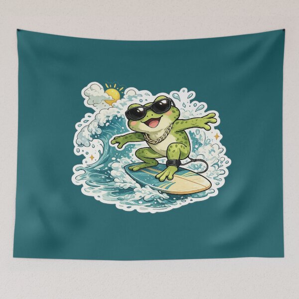 Item preview, surfing frog sticker, cool frog surfer with sunglasses, summer surf frog design, beach frog illustration, cute surfing animal designed and sold by DrizzyV.
