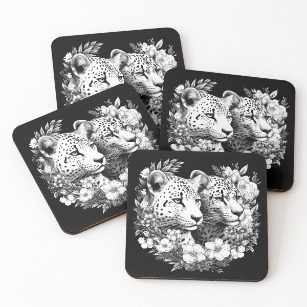 Item preview, Floral Cheetah Duo Black and White Wildlife Illustration designed and sold by inkoutninja.
